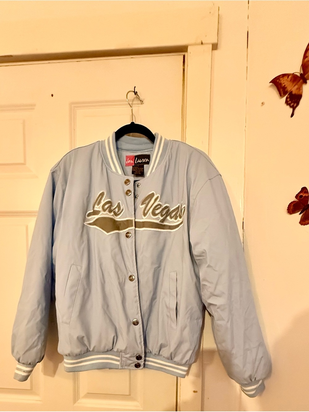 Vintage y2k Light Blue Varsity Jacket with 'Las Vegas' Script - Vintage Style